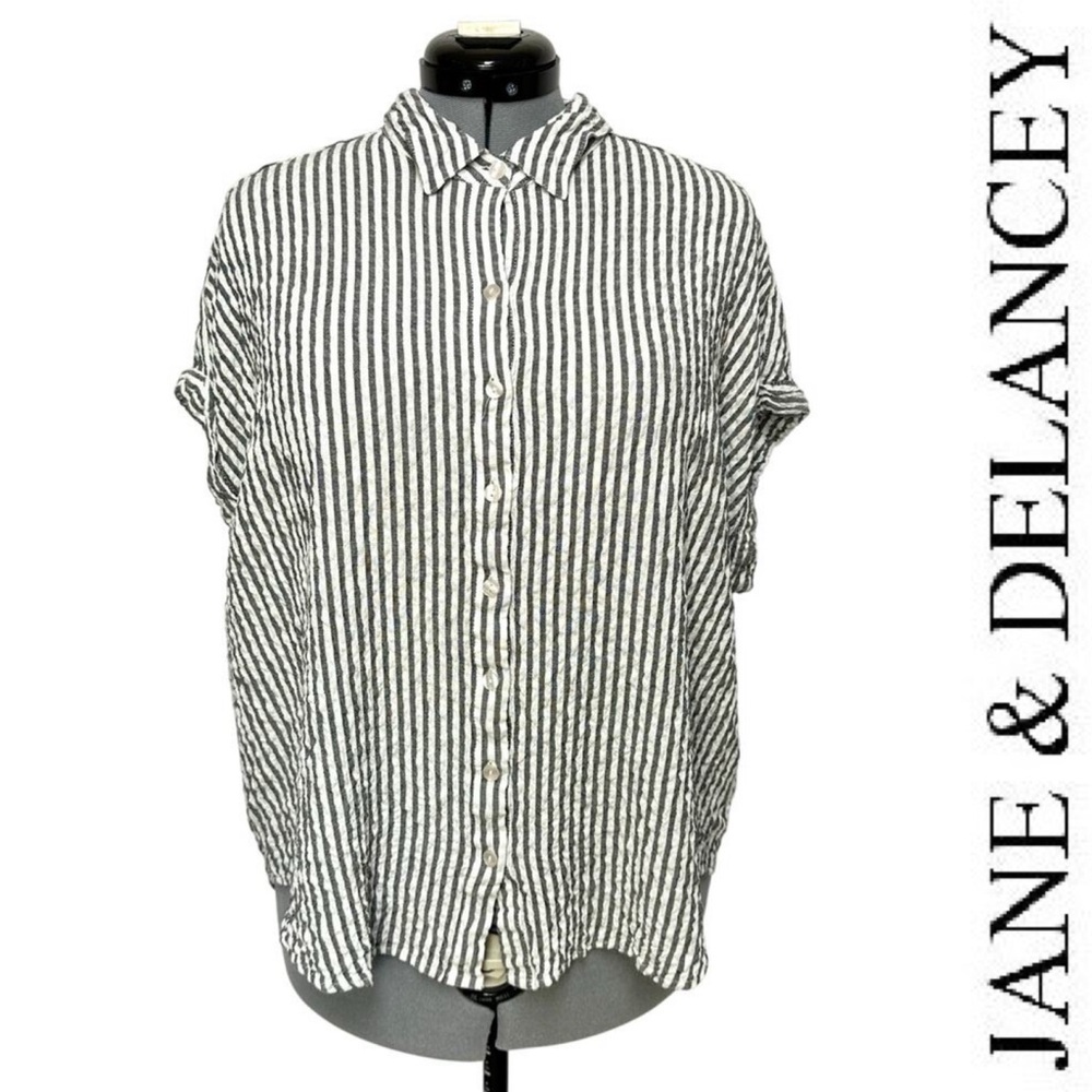Jane+Delancey Striped Rolled Sleeve Button Shirt Seersucker Fabric Top Sz: 2X